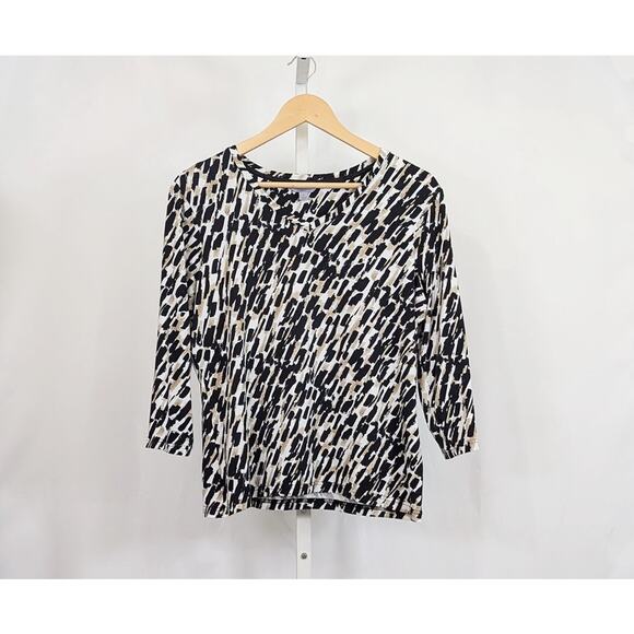 Amber Sun Tops - Amber Sun Top Black Tan White Print V-Neck Misses Size L